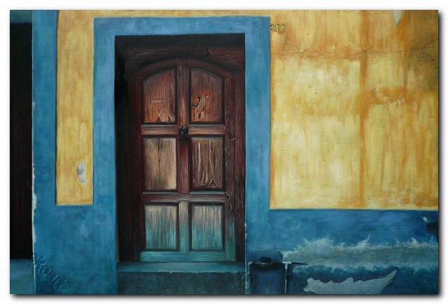 Tangan-dicat-lukisan-minyak-pemandangan-impresionis-Pintu-biru-gambar-seni-dinding-dekorasi-rumah-seni-grosir-Dinding