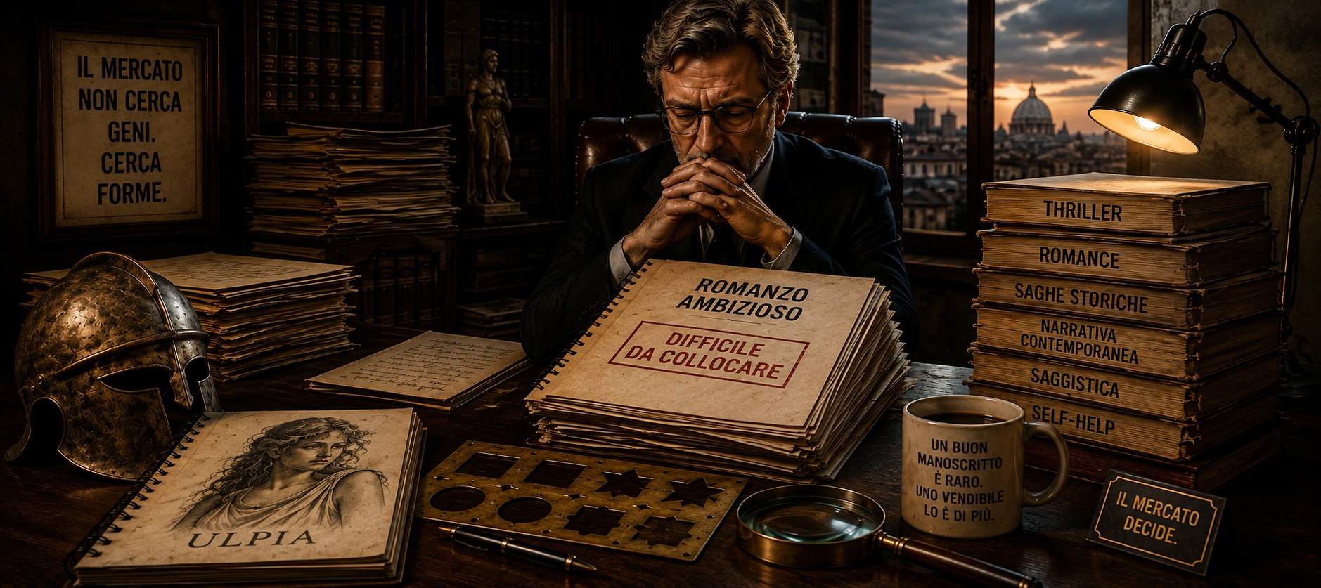 Agente letterario davanti a un manoscritto con la scritta “Romanzo ambizioso”