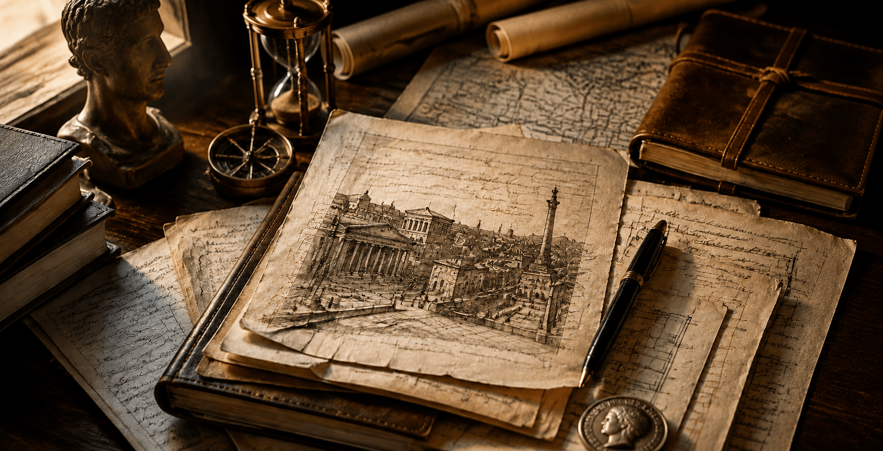 Scrivania con appunti, mappe, libri e disegni dell’antica Roma che rappresentano la lunga progettazione e ricerca alla base di Ulpia