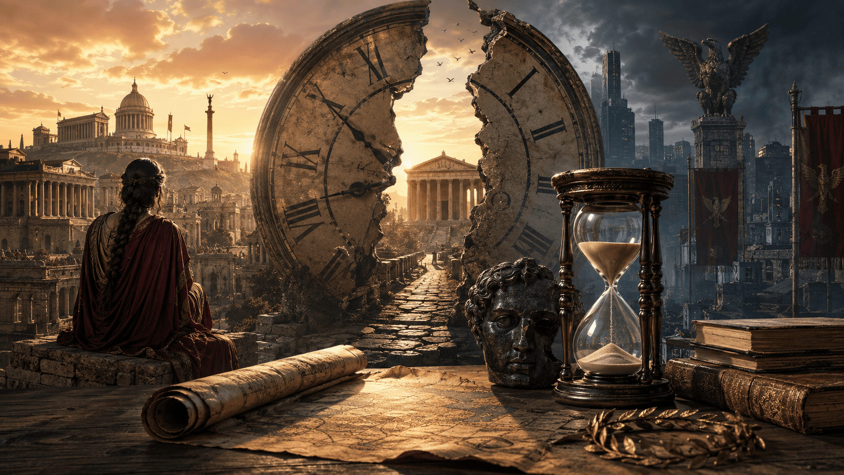 Ucronia romana rappresentata da un antico orologio spezzato tra Roma imperiale e una realtà alternativa