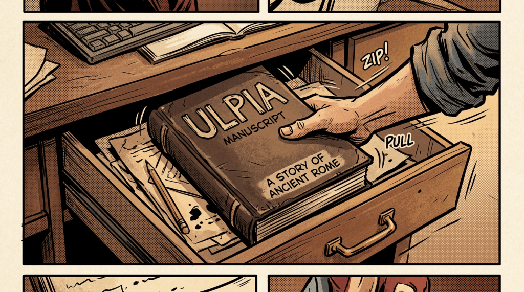 Hand pulling out the Ulpia manuscript from desk drawer with papers and pencil