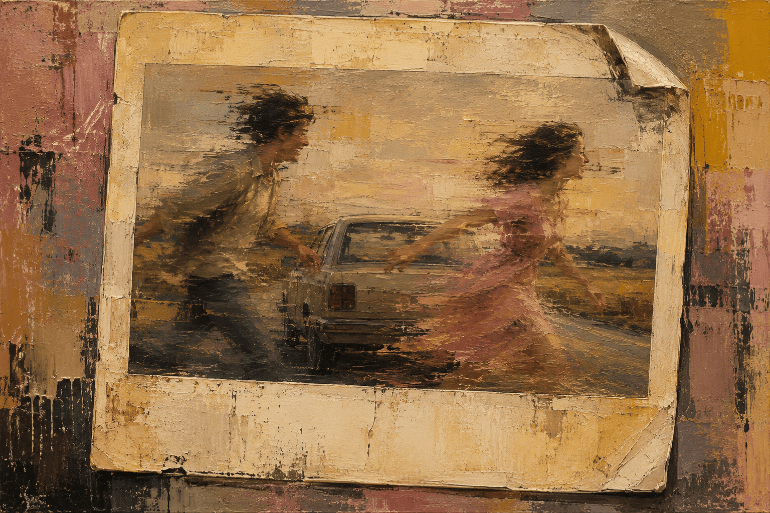 Dipinto postmoderno di una vecchia Polaroid consumata dal tempo, simbolo della memoria, con due giovani in movimento attorno a un’automobile d’epoca.