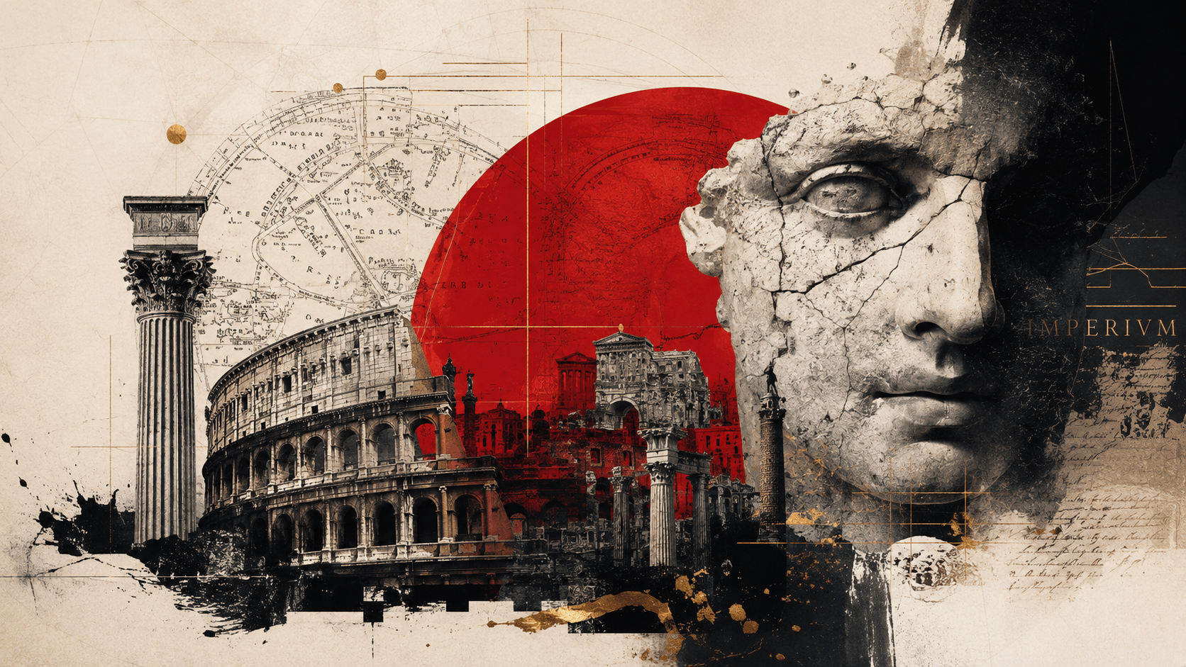 Collage postmoderno di Roma antica con Colosseo, statua romana, mappe e geometrie rosse e nere