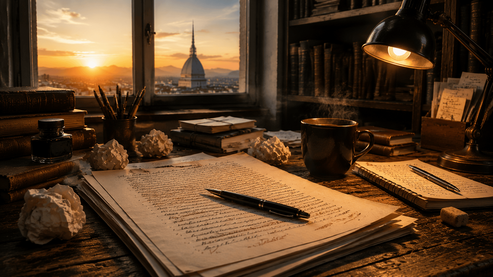 Manoscritto e libro finito sulla scrivania di uno scrittore durante il percorso editoriale
