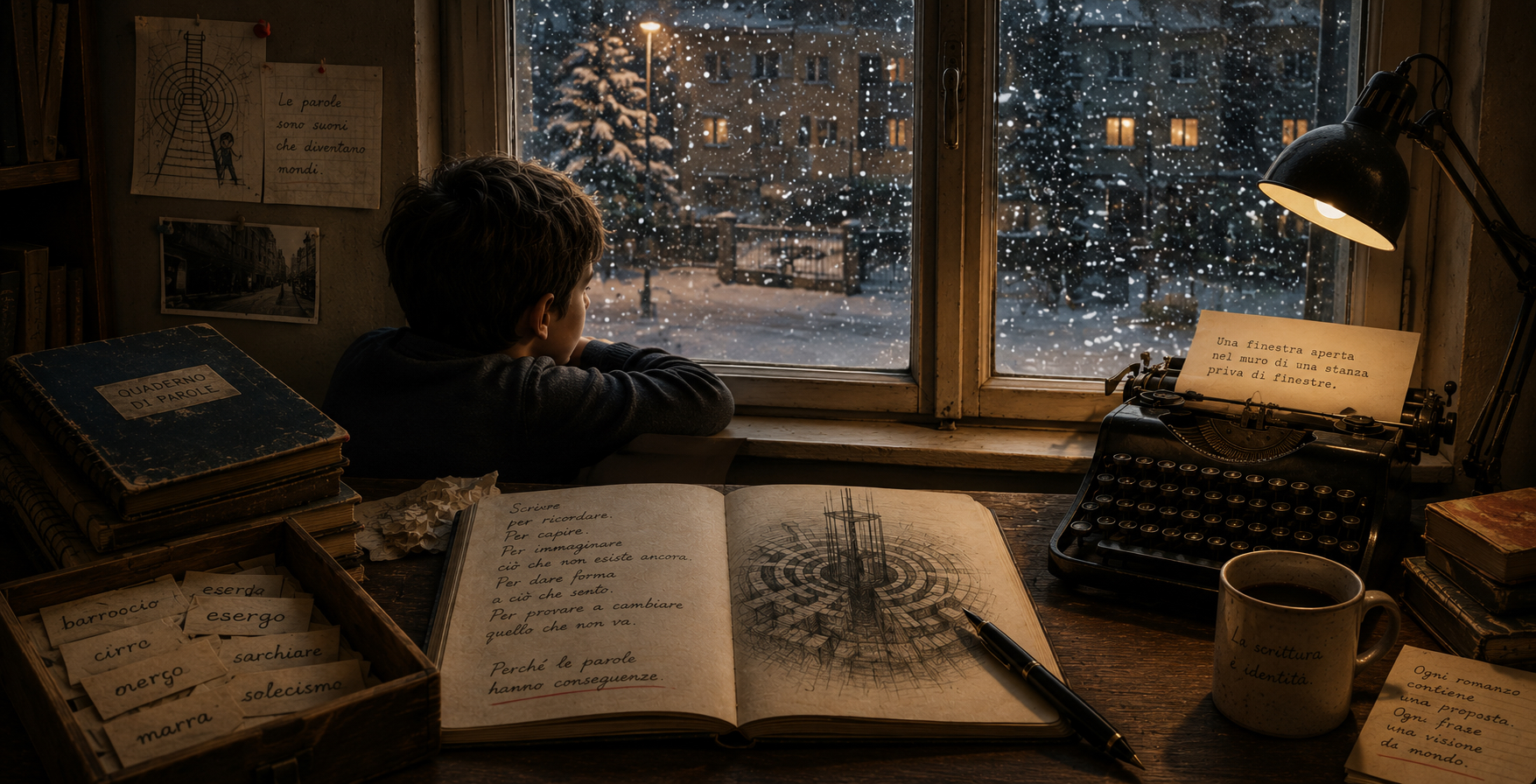 Bambino affacciato alla finestra mentre osserva la neve, accanto a una scrivania con quaderni, parole annotate e una macchina da scrivere.