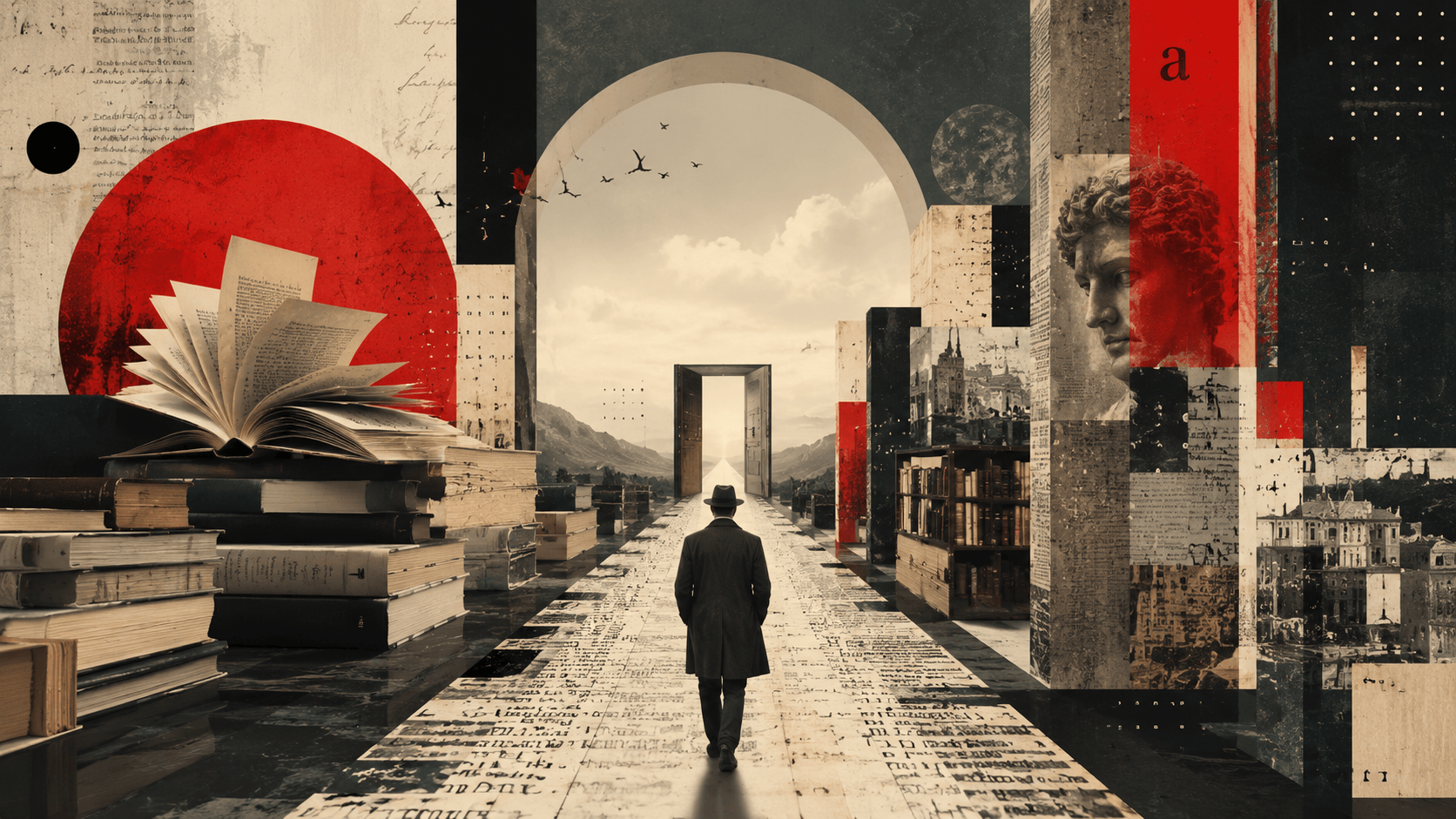 Immagine concettuale di un autore che attraversa un paesaggio costruito da libri, testi e architetture