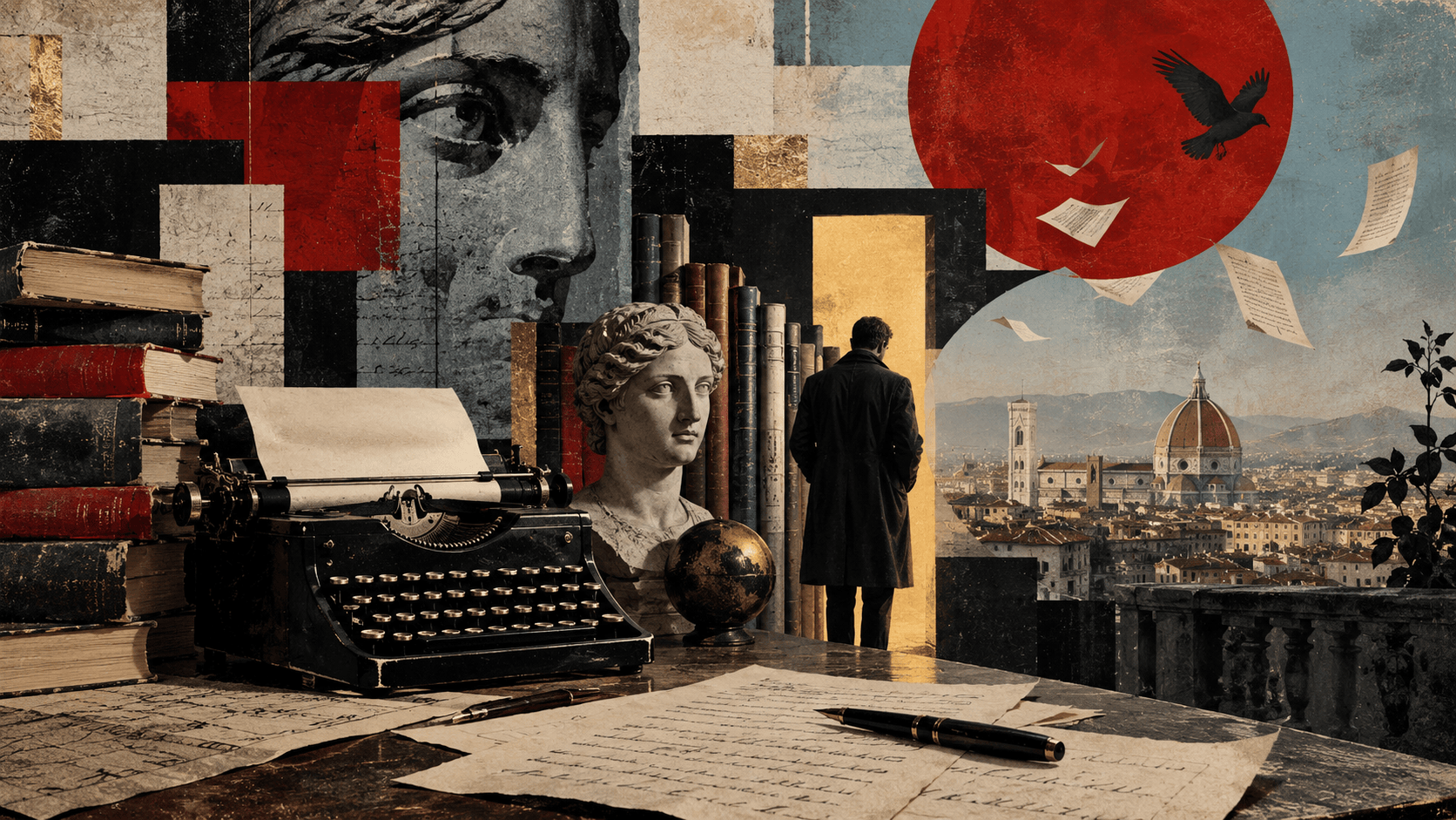 Collage postmoderno con macchina da scrivere, libri, statua classica e veduta di Firenze