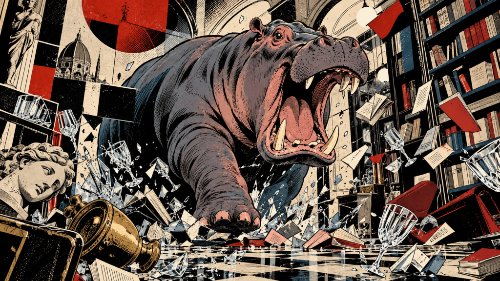 Ippopotamo in stile manga che irrompe in una cristalleria tra libri, vetri infranti e frammenti postmoderni