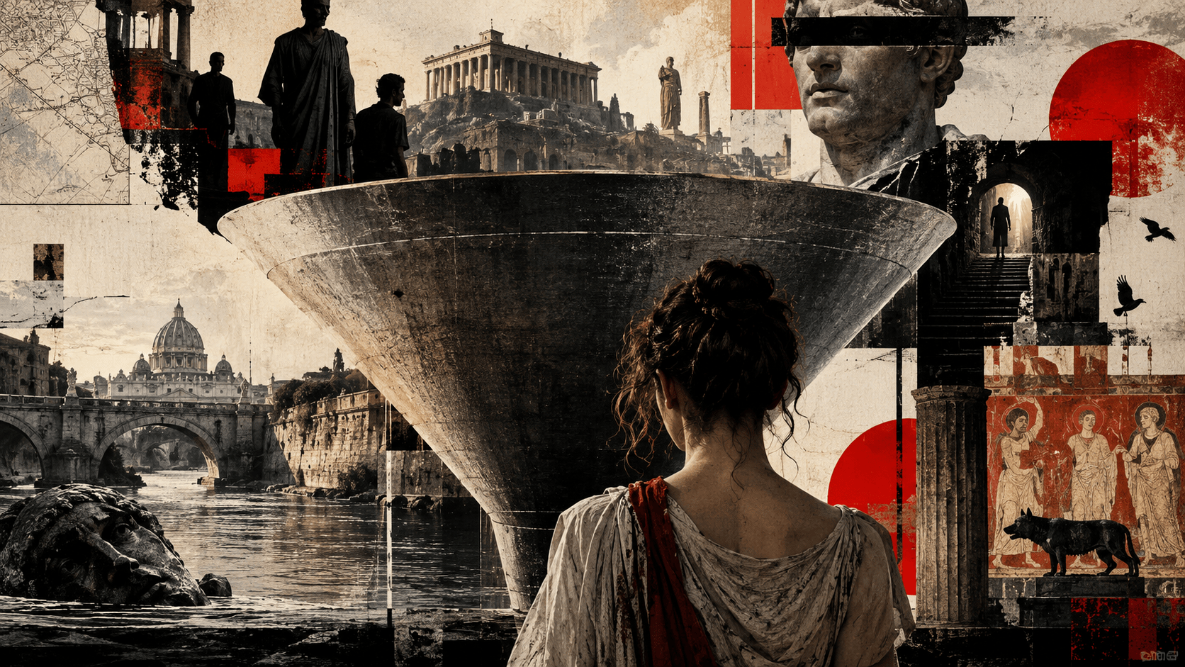 Collage postmoderno con una ragazza davanti a un grande imbuto, tra rovine e frammenti della Roma antica