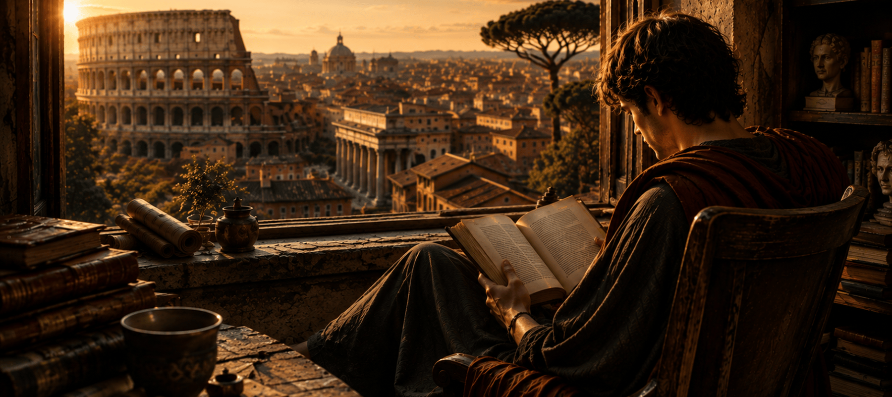 Un lettore immerso nella lettura osserva l’antica Roma attraverso una grande finestra