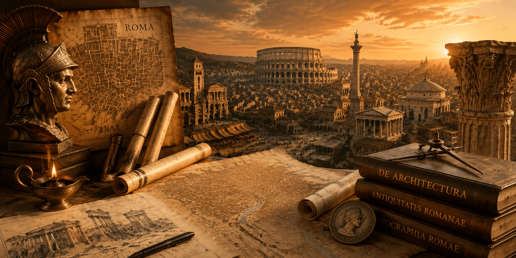Ricostruzione immaginaria della Roma antica mai esistita tra mappe, progetti architettonici e monumenti romani
