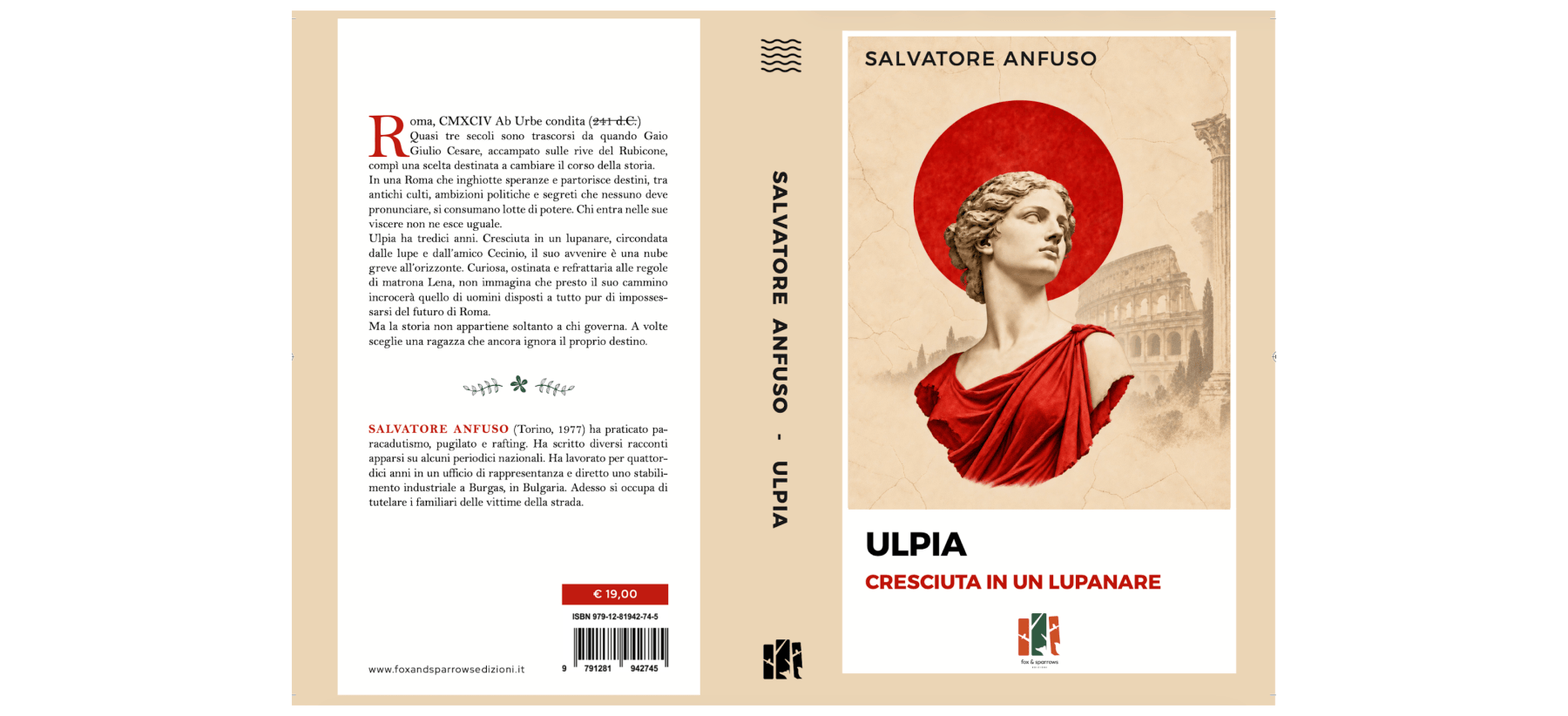 Copertina completa del romanzo «Ulpia – Cresciuta in un lupanare» di Salvatore Anfuso, con un busto femminile romano in marmo, un drappo rosso e il Colosseo sullo sfondo.