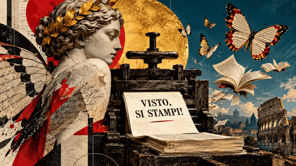 Collage postmoderno con una statua romana, un antico torchio tipografico recante la scritta «Visto, si stampi!», libri e farfalle in volo sullo sfondo di Roma.
